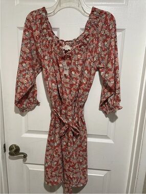 LOFT Red Floral Tie-Waist Long Sleeve Sundress